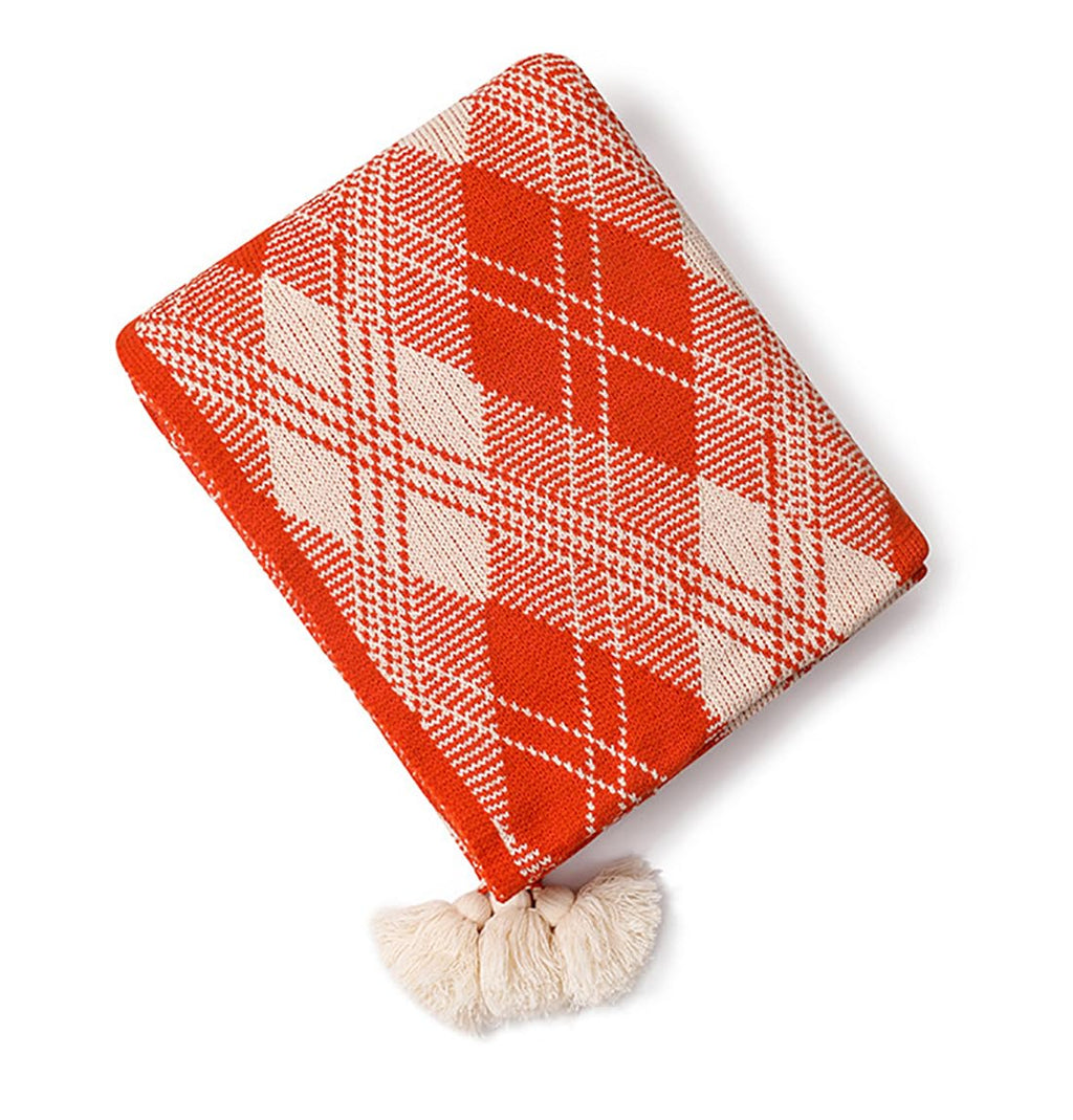 Fennco Styles Fall Plaid Knit Throw Blanket with Tassel 50" W x 60" L – Orange Geometric Pattern Lightweight Blanket for Indoor Outdoor, Couch, Bedroom, Living Room and Office Décor
