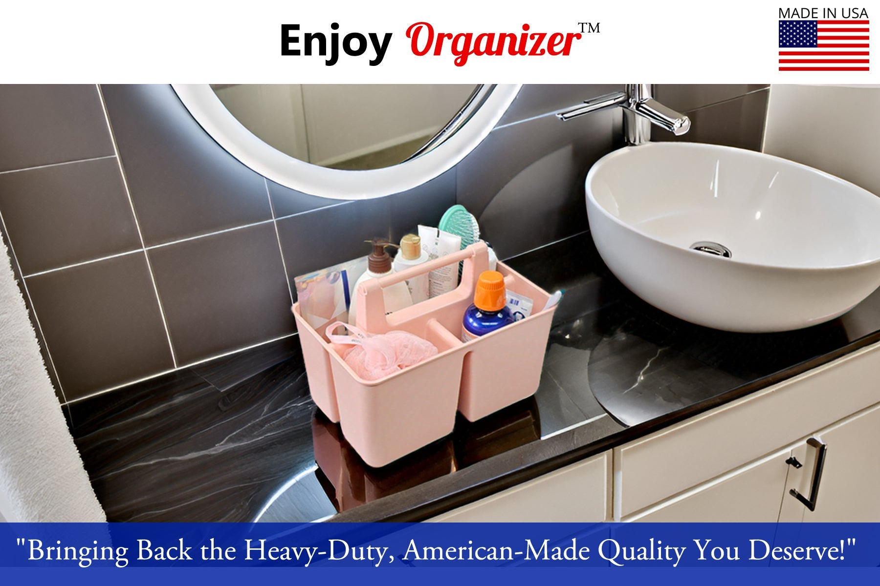 Enjoy Organizer-Shower Caddy Organizer with Handle, 3 Compartments, Portable Storage Bin for Bathroom, Dorm, Gym -Made In USA
