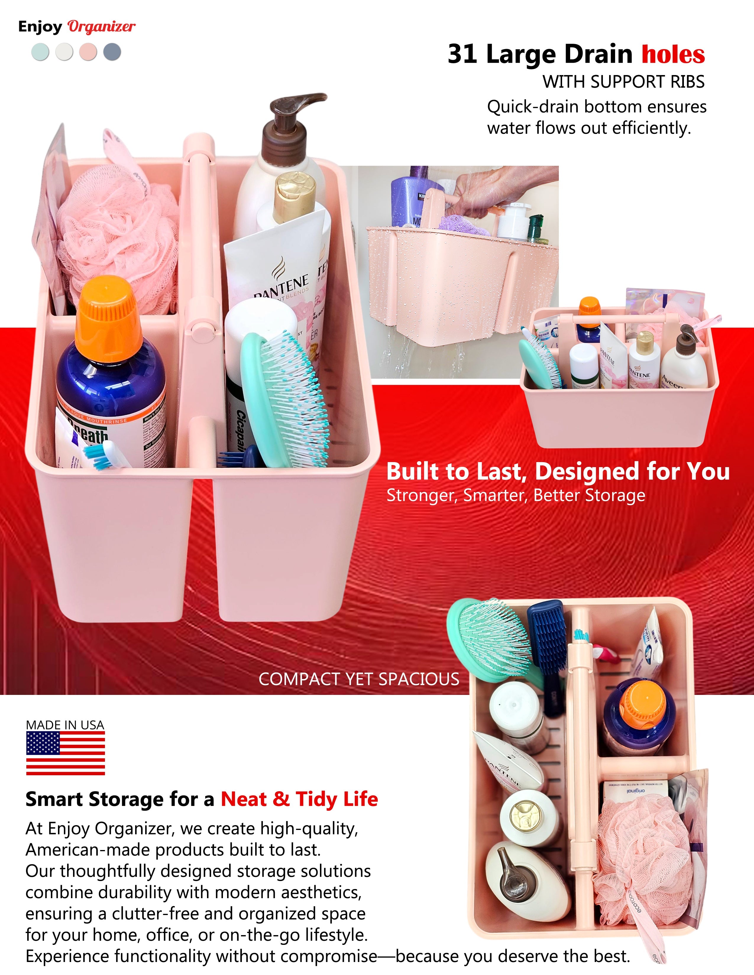 Enjoy Organizer-Shower Caddy Organizer with Handle, 3 Compartments, Portable Storage Bin for Bathroom, Dorm, Gym -Made In USA