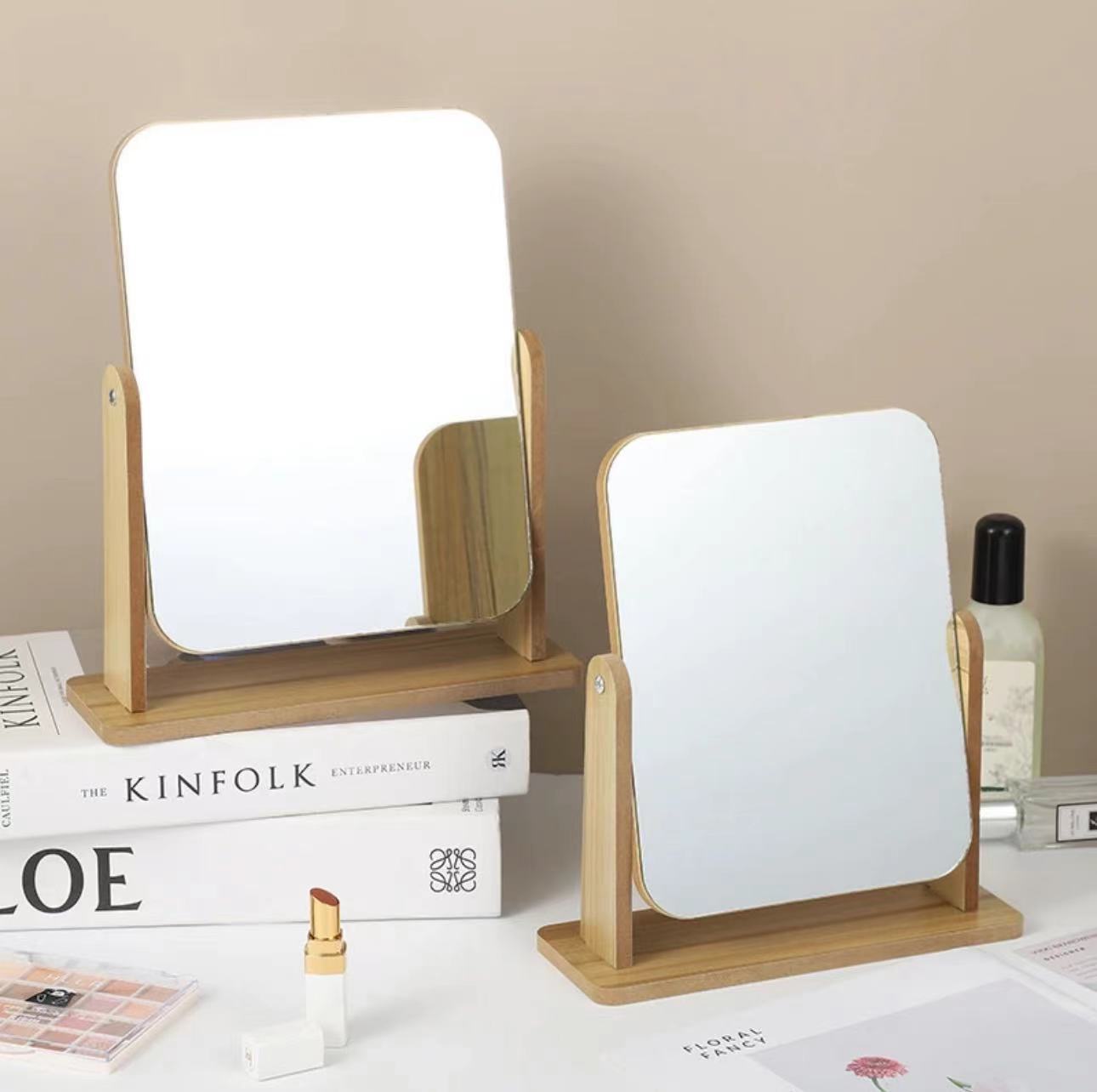 Vintage Wooden Rotating Makeup Mirror, 360 Swivel Large Desktop Vanity Mirror For Bedroom Dormitory Standing Cosmetic Mirror For Table