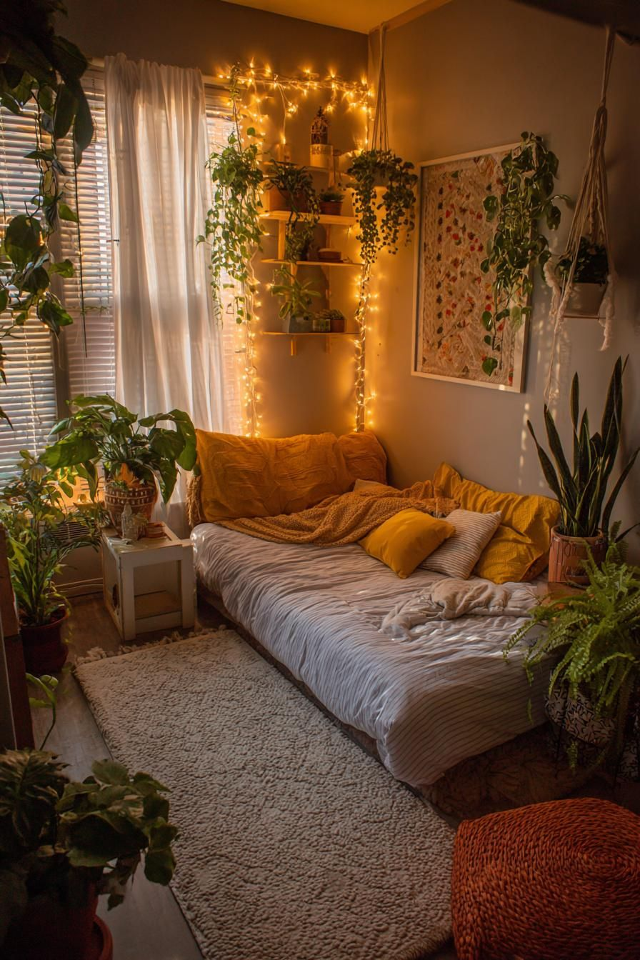 Cozy dorm room with plants and warm ambient lighting