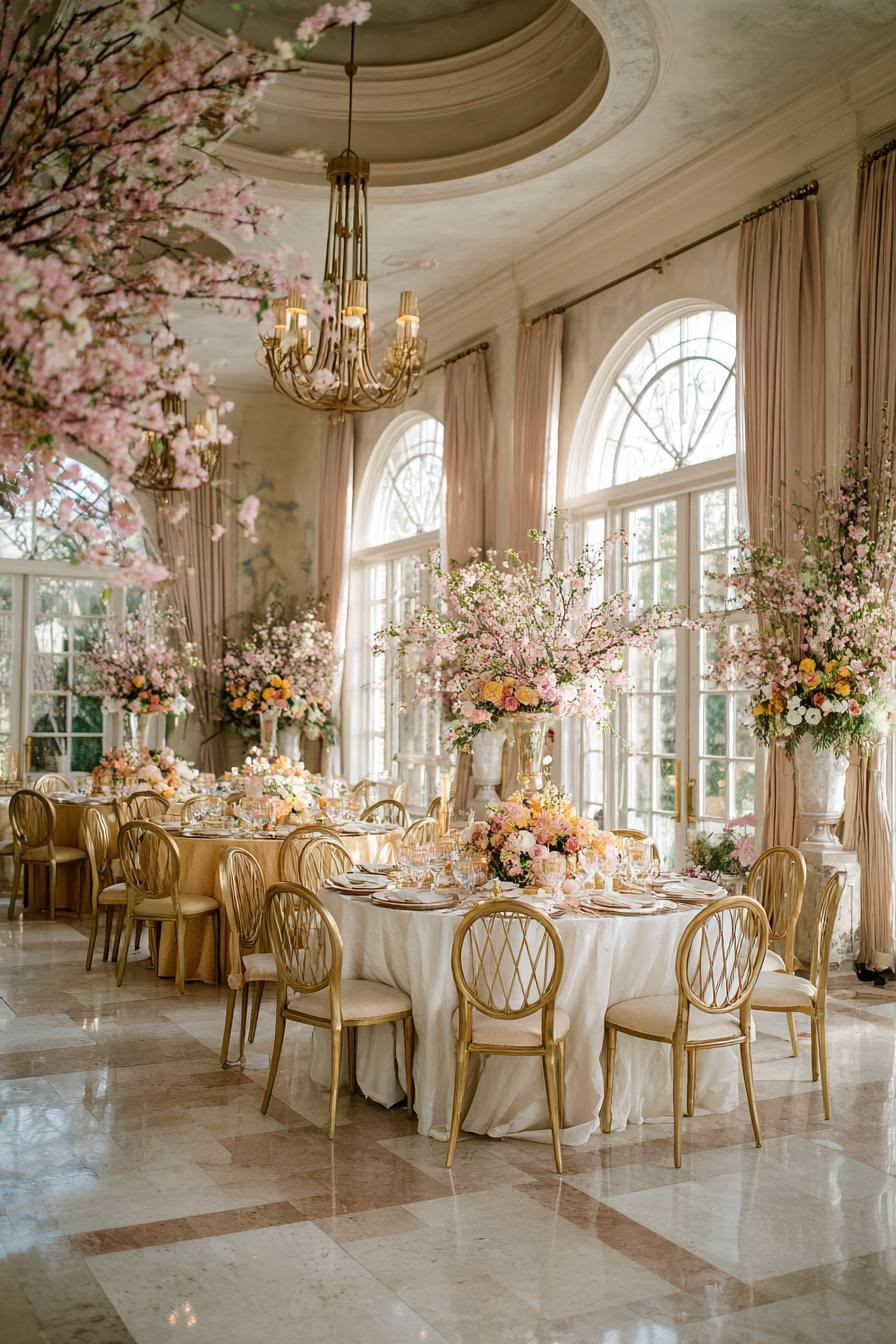 Elegant wedding reception with soft florals and warm neutral details