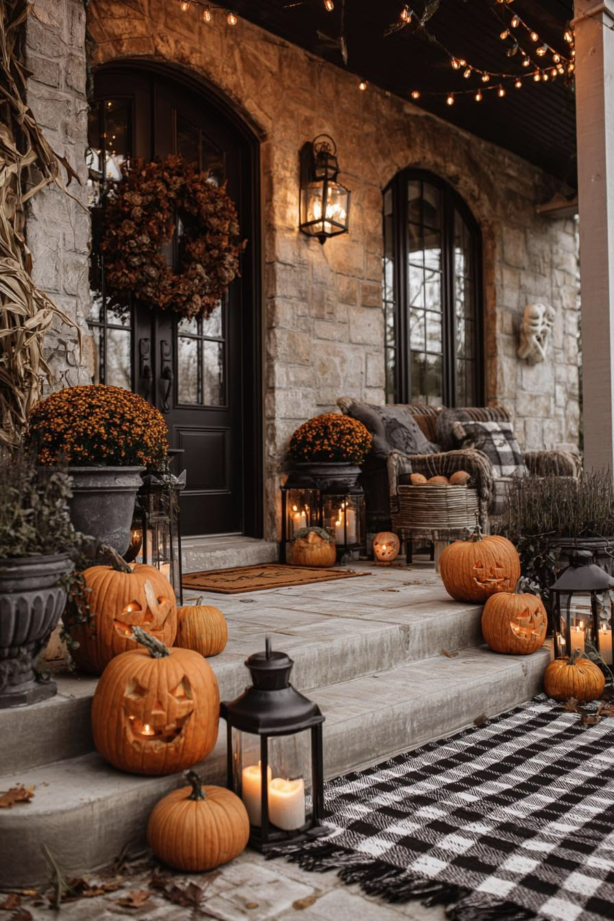 Warm fall porch styled with pumpkins, lanterns, and cozy textiles